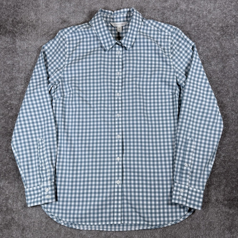 Garnet Hill Shirt Women's 6 Blue Gingham Check Long Sleeve Organic Pima